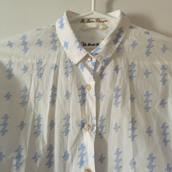 LE SARTE PETTEGOLE Italy White + Blue Cotton Whimsical Blouse 38 S - Picture 2 of 7